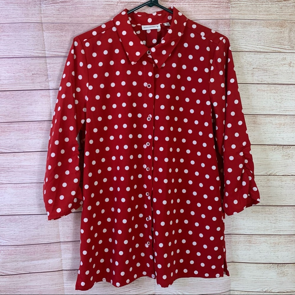 Susan‎ Graver Red Blouse White Polka Blouse Med